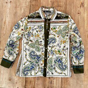 Zara Button Down Up Blouse Top Green Paisley Women's M